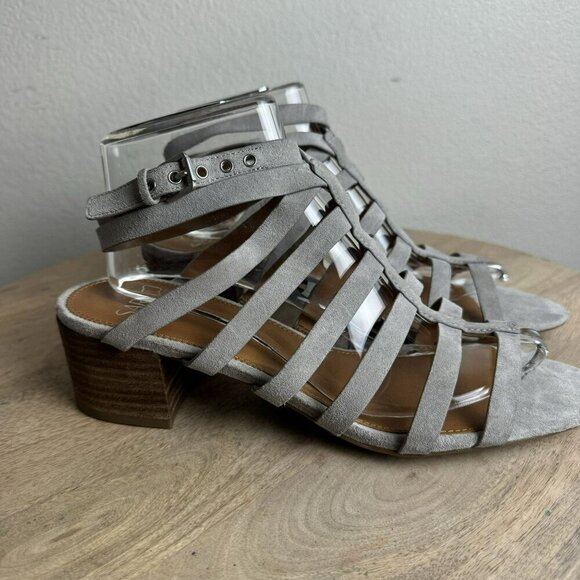 Franco Sarto Finesse Cage strappy Gladiator Sandal Sz‎ 10M Grey Suede Block Heel - Picture 2 of 10
